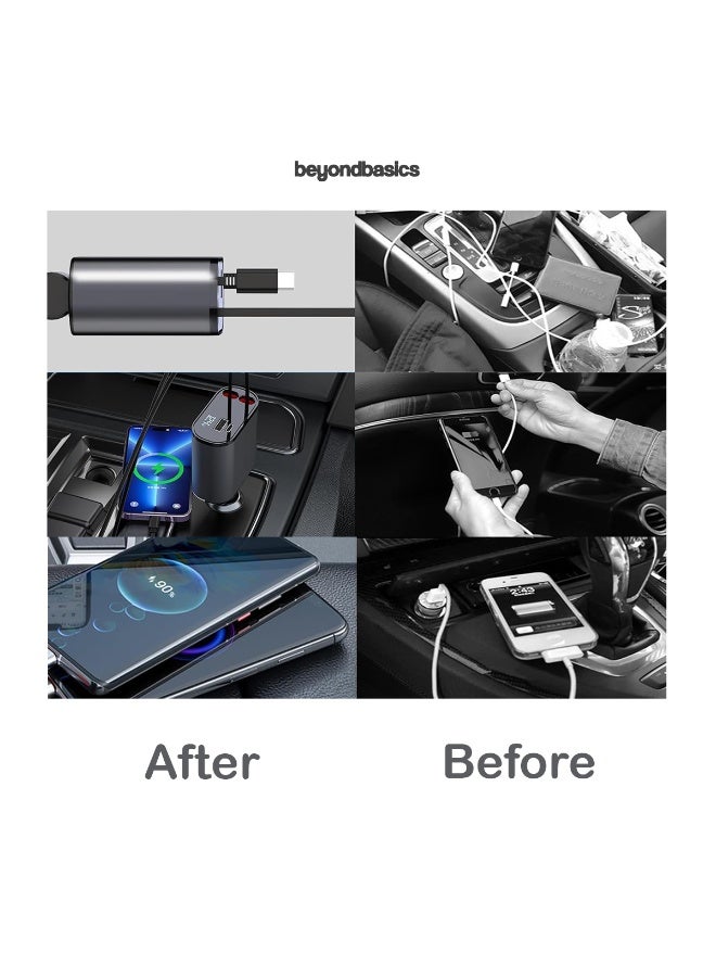 ما وراء الأساسيات شاحن سيارة سريع وقابل للسحب من بيوند بيسكس ٤ في ١، ١٠٠ واط | كابلان قابلان للسحب (لايتنينغ + تايب-سي)، منافذ USB وPD، طول وزاوية قابلان للتعديل - متوافق مع آيفون وسامسونج جالاكسي - Image 5