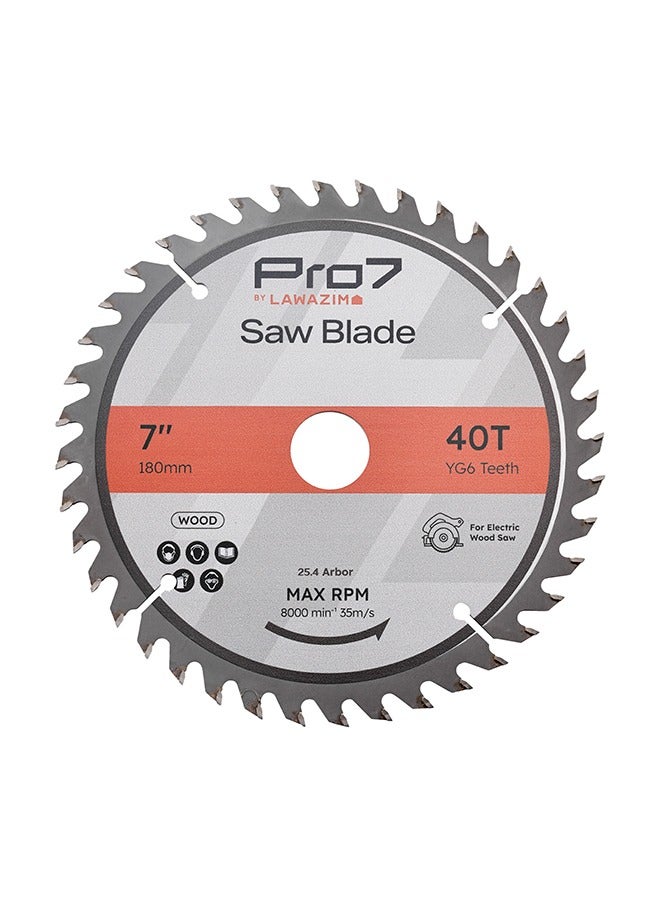Pro7 Circular Wood Saw Blade - 7inch, 40T - Tungsten Carbide-Tipped Wood Cutting Blade with Hardened Steel Body, 25.4mm Arbor, 8,000 RPM - for Hardwood, Softwood, Plywood, and DIY Woodworking - Image 1