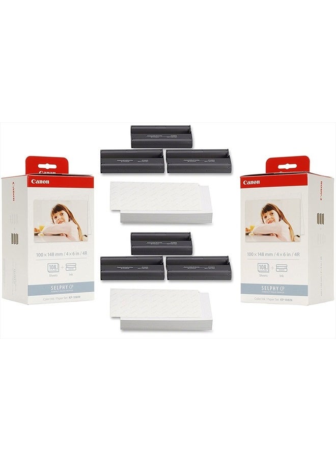 Canon KP-108IN Ink Paper Set (2) Pack - 216 Prints, 3115B001-X2, Cyan, Magenta, Yellow 