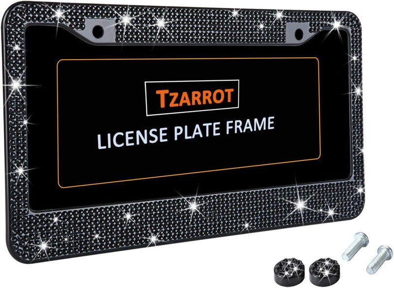 TZARROT إطار لوحة ترخيص أسود مرصع بأحجار الراين اللامعة، غطاء لوحة ترخيص معدني مقاوم للصدأ، إكسسوارات سيارات لامعة للنساء والرجال سريع التجميع والتركيب - Image 3