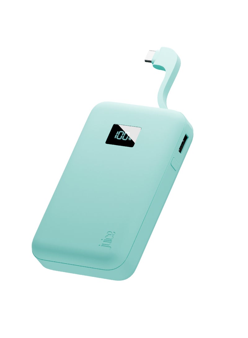 JUICE Eco Integrated Power Bank, Portable Charger 10,000 mAh with Built-in Cable & Digital Display, USB-C Output, Power Bank for iPhone 15 16 Pro Max, Samsung, Xiaomi, Android, iPad, DJI, GoPro - Teal - Image 1