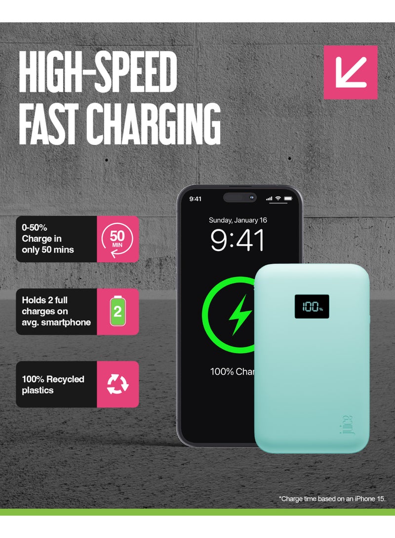 JUICE Eco Integrated Power Bank, Portable Charger 10,000 mAh with Built-in Cable & Digital Display, USB-C Output, Power Bank for iPhone 15 16 Pro Max, Samsung, Xiaomi, Android, iPad, DJI, GoPro - Teal - Image 4