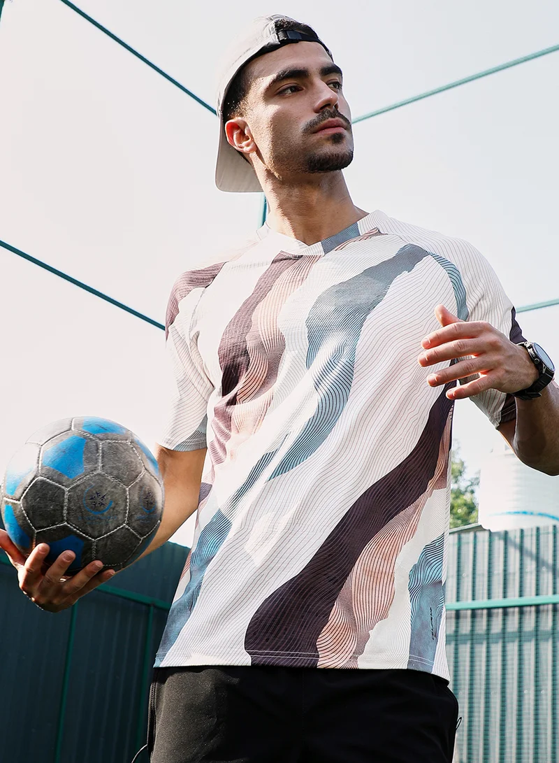 Campus Sutra Campus Sutra Men's Light Beige & Chocolate Brown Abstract TopographyActivewear T-Shirt For Casual Wear | V-Neck | Short Sleeves | Jersey T-Shirt Crafted With Comfort Fit For Everyday Wear