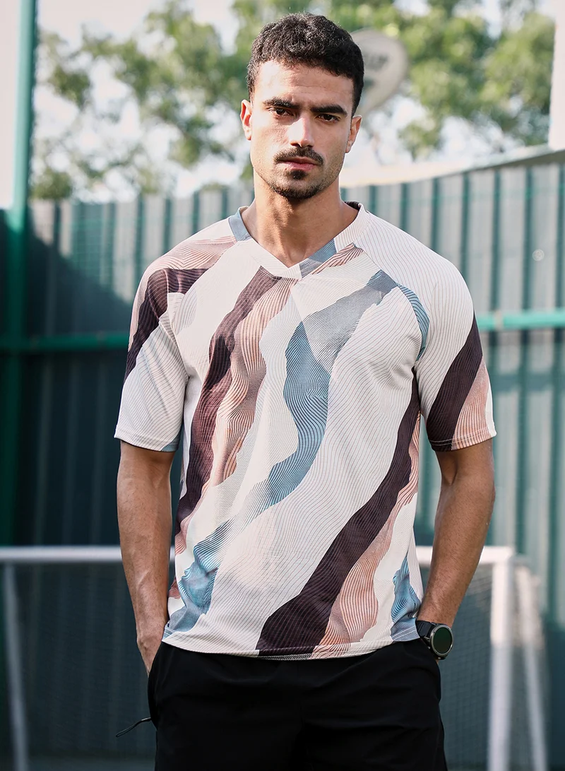 Campus Sutra Campus Sutra Men's Light Beige & Chocolate Brown Abstract TopographyActivewear T-Shirt For Casual Wear | V-Neck | Short Sleeves | Jersey T-Shirt Crafted With Comfort Fit For Everyday Wear