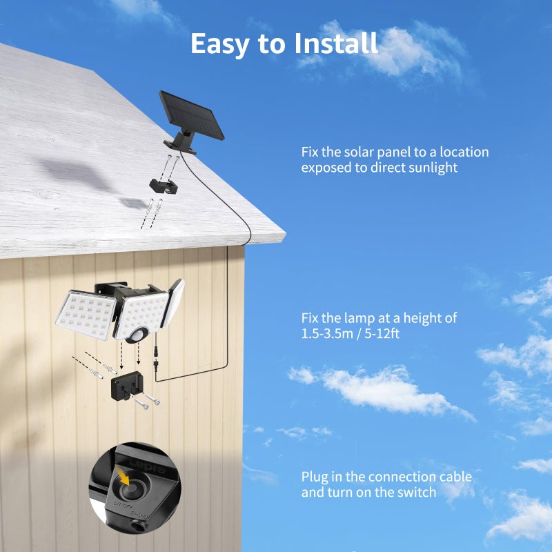 Lepro أضواء شمسية للخارج، WL5000 أضواء أمان تعمل بالحركة، لوحة شمسية منفصلة، 3 رؤوس قابلة للتعديل بزاوية إضاءة واسعة 270°، مصباح حائط مقاوم للماء IP65 للمدخل والفناء والمرآب، عبوتان - Image 5