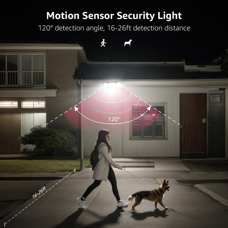 Lepro أضواء شمسية للخارج، WL5000 أضواء أمان تعمل بالحركة، لوحة شمسية منفصلة، 3 رؤوس قابلة للتعديل بزاوية إضاءة واسعة 270°، مصباح حائط مقاوم للماء IP65 للمدخل والفناء والمرآب، عبوتان - Image 4