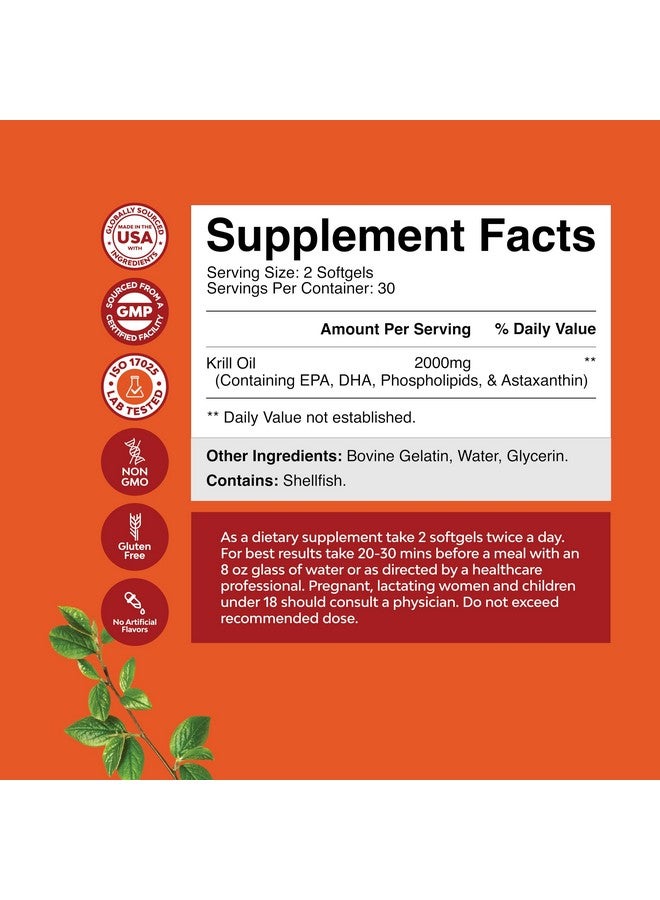 Natures Craft Antarctic Krill Oil 2000mg Softgels Per Serving - Omega 3 Krill Oil Supplement with EPA DHA & Astaxanthin for Brain Joint & Heart (60 Count (Pack of 1))  - Image 3