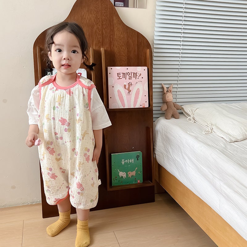 Baby Vest Sleeping Bag Summer Thin Gauze Pure Cotton Baby Kick-proof Sleeveless Childrens Pajamas Air-conditioned Room Anti-cold Bear balloon (a seersucker) first four and last two