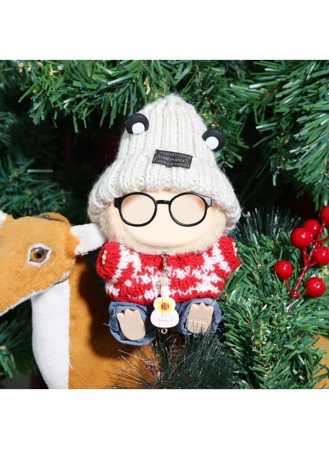 17cm Doll Clothes 5 Pieces - Kawaii Chic Style Set for 17cm Dolls, Cute Doll Outfit with Accessories - Grey Bear Ears Hat + Red Sweater + Blue Jeans + Glasses (NO Doll)  - Image 5
