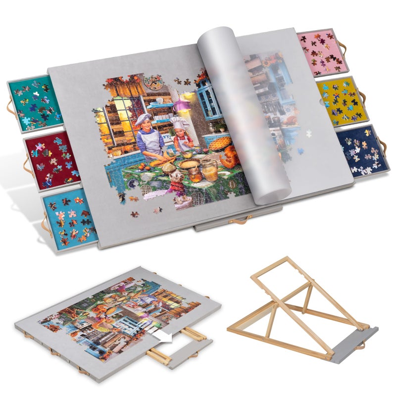 Tektalk Flannelette Covered Jigsaw Puzzle Table with Integrated Adjustable Stand & Cover, 3-Tilting-Angle Wooden Plateau Portable Puzzle Board with 6 Sorting Drawers, for Up to 1500 Pieces - Gray - Image 1