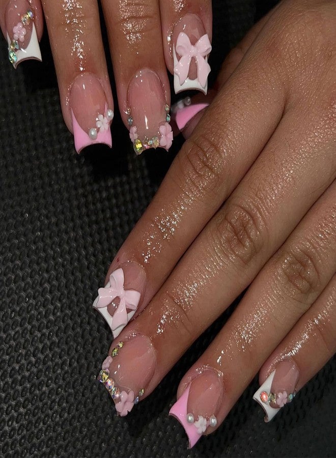 Jremg French Tip Press on Nails Short Square Fake Nails with Flower Rhinestones Glossy White Pink French Tip Acrylic False Nails Pearl Bows Full Cover Glue on Nails Stick on Nails for Women 24Pcs - Image 1