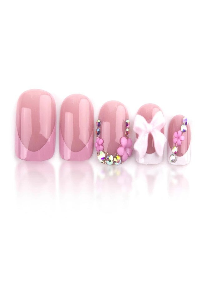 Jremg French Tip Press on Nails Short Square Fake Nails with Flower Rhinestones Glossy White Pink French Tip Acrylic False Nails Pearl Bows Full Cover Glue on Nails Stick on Nails for Women 24Pcs - Image 5