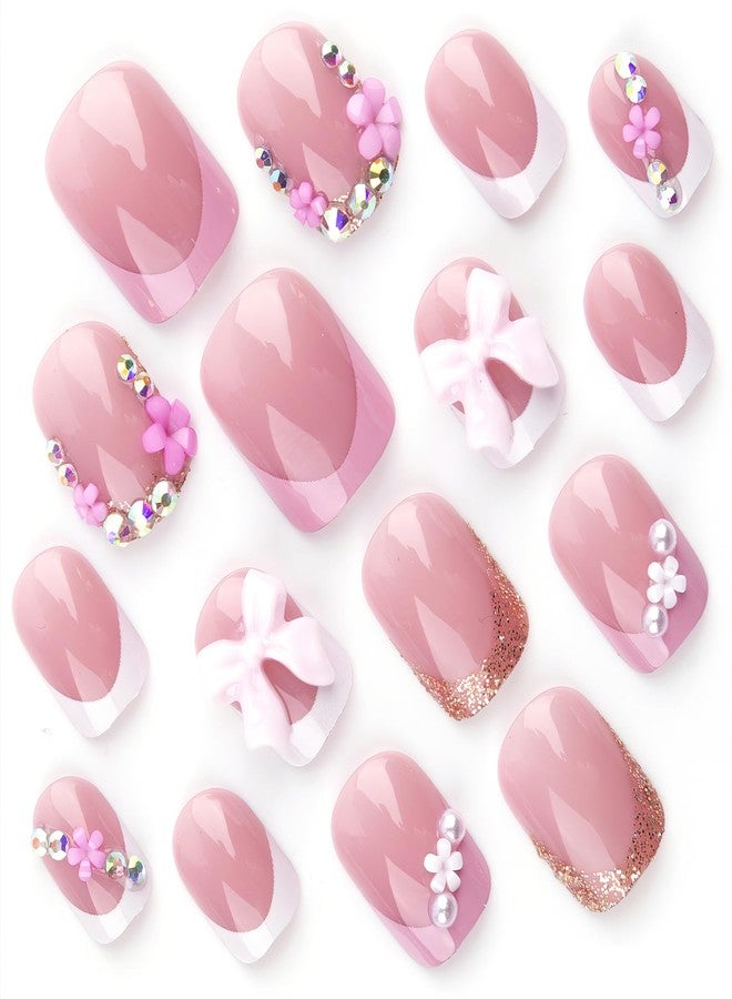 Jremg French Tip Press on Nails Short Square Fake Nails with Flower Rhinestones Glossy White Pink French Tip Acrylic False Nails Pearl Bows Full Cover Glue on Nails Stick on Nails for Women 24Pcs - Image 3