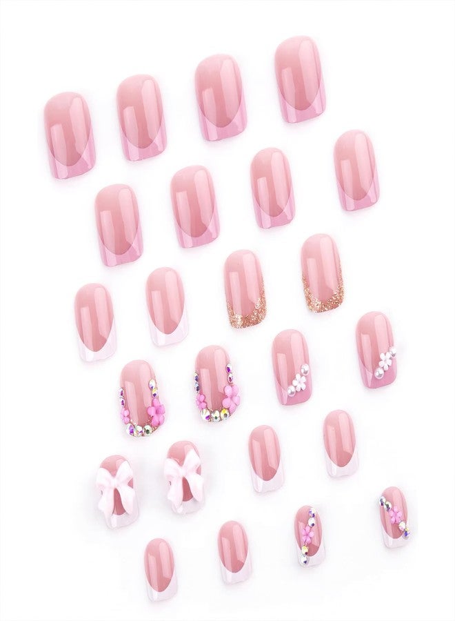 Jremg French Tip Press on Nails Short Square Fake Nails with Flower Rhinestones Glossy White Pink French Tip Acrylic False Nails Pearl Bows Full Cover Glue on Nails Stick on Nails for Women 24Pcs - Image 4