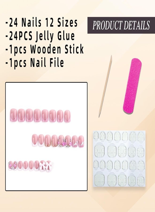 Jremg French Tip Press on Nails Short Square Fake Nails with Flower Rhinestones Glossy White Pink French Tip Acrylic False Nails Pearl Bows Full Cover Glue on Nails Stick on Nails for Women 24Pcs - Image 2