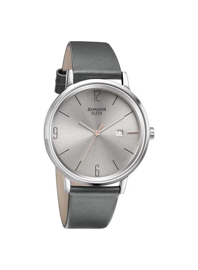 Sonata Round Shape Leather Band Analog Wrist Watch 7131SL03 - 42 mm - Grey