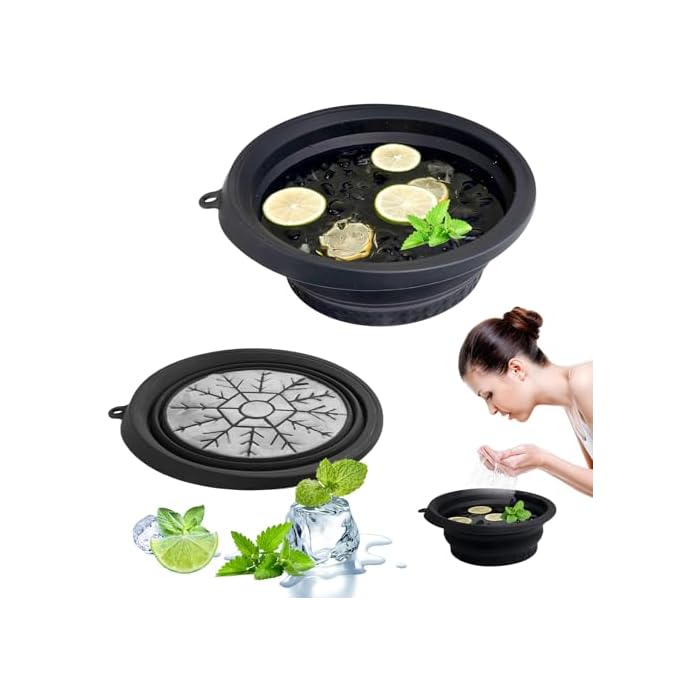 Ice Bowl for Face with Built-in Ice Tray, Foldable Silicone Face Bowl for Ice, Facial Ice Bath Bowl, Skin Tightening & Acne Relief, Portable Ice Face Bowl for Home Travel - Black
