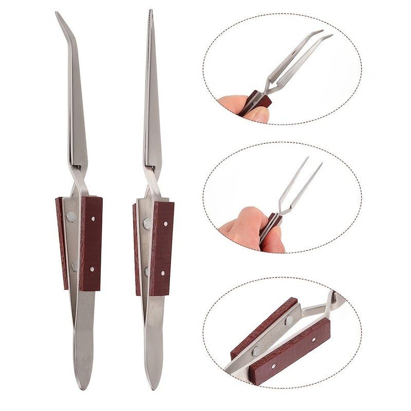 1Pc Stainless Steel Curved Tweezers With Reverse Wooden Handle For Electronics Jewelry Making Laboratory Hobby - Image 1