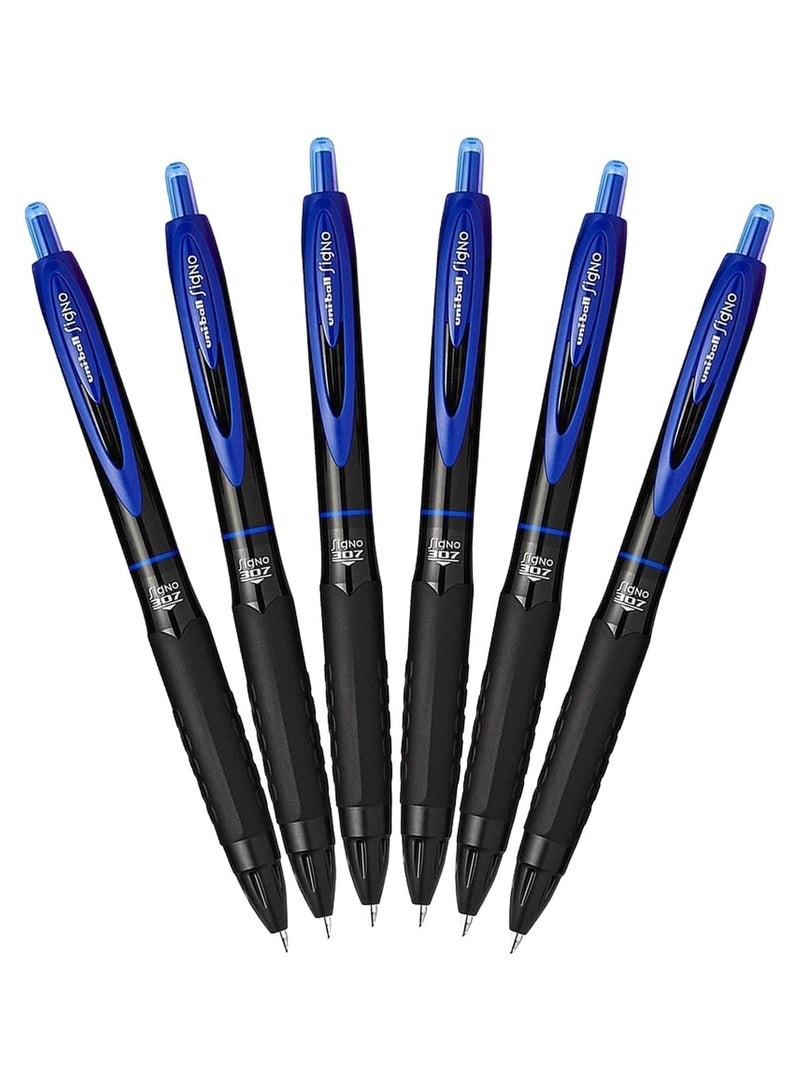يوني بول Uni-Ball 307 Retractable Gel Ink Pens, Medium Point 0.7mm, Pack Of 6 (Blue) - Image 1