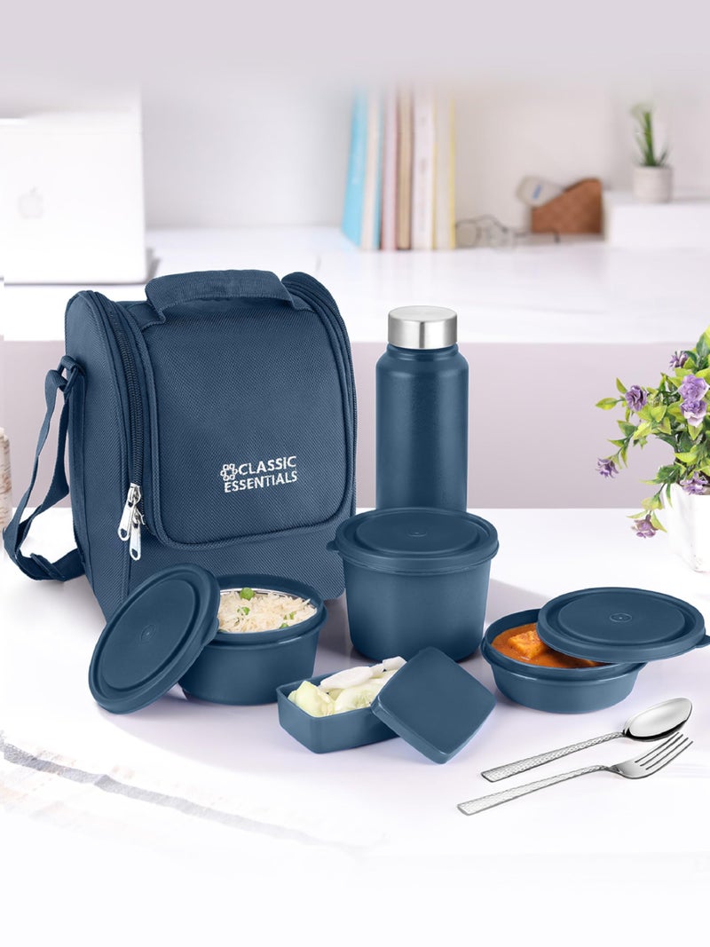 CLASSIC ESSENTIALS Supreme All-in-One Lunch Box with Insulated Bag – Microwave Safe Leak-Proof Steel Containers 250/450/650 ml + 130 ml Pickle & 750 ml Bottle, Blue - Image 1