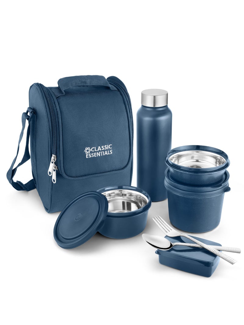 CLASSIC ESSENTIALS Supreme All-in-One Lunch Box with Insulated Bag – Microwave Safe Leak-Proof Steel Containers 250/450/650 ml + 130 ml Pickle & 750 ml Bottle, Blue - Image 4
