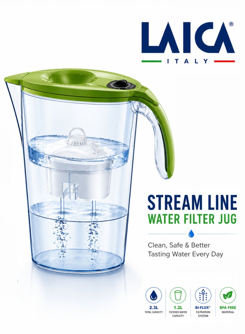 LAICA Water Filter Jug 2.3L Stream Line Fridge Door Pitcher with Bi-Flux Filtration Cartridge Quick Fill Lid Manual Indicator BPA Free Transparent Water Purifier Jug for Home Kitchen Drinking Water Clean Safe Water Made in Italy - Image 1