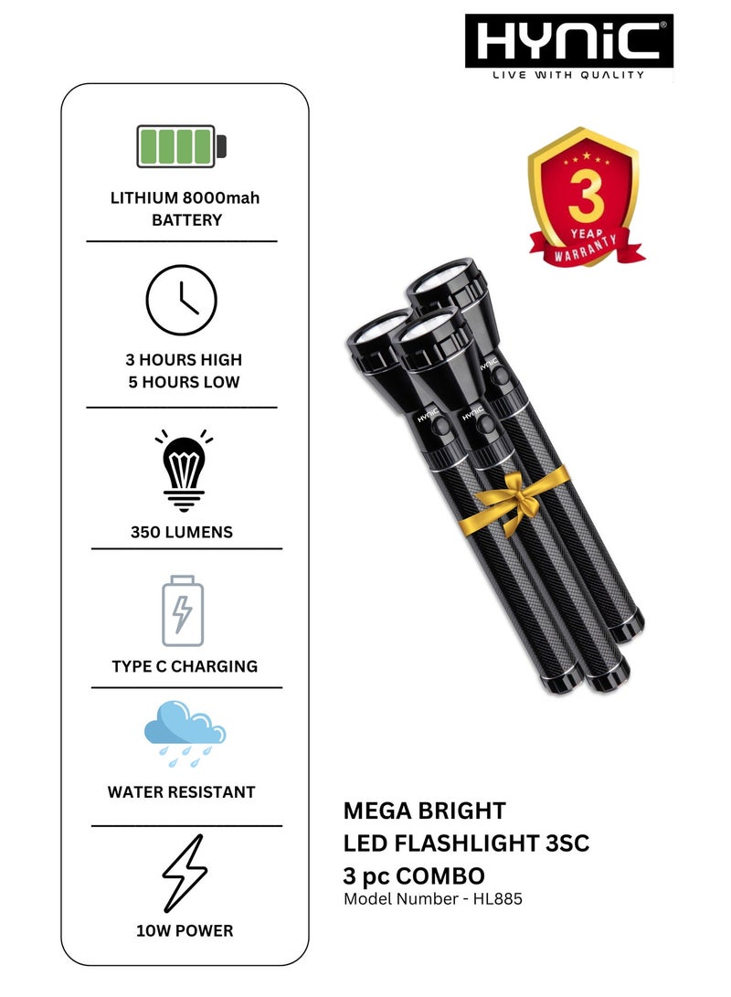 هاينك مصباح LED قابل لإعادة الشحن 3 أجزاء من HL885 – مصباح شعلة فائق السطوع 350 لومن، بطارية ليثيوم 8000 مللي أمبير أمبير، شحن من نوع C، مقاوم للماء، طاقة 10 واط، مصباح طوارئ وخارجي - Image 1