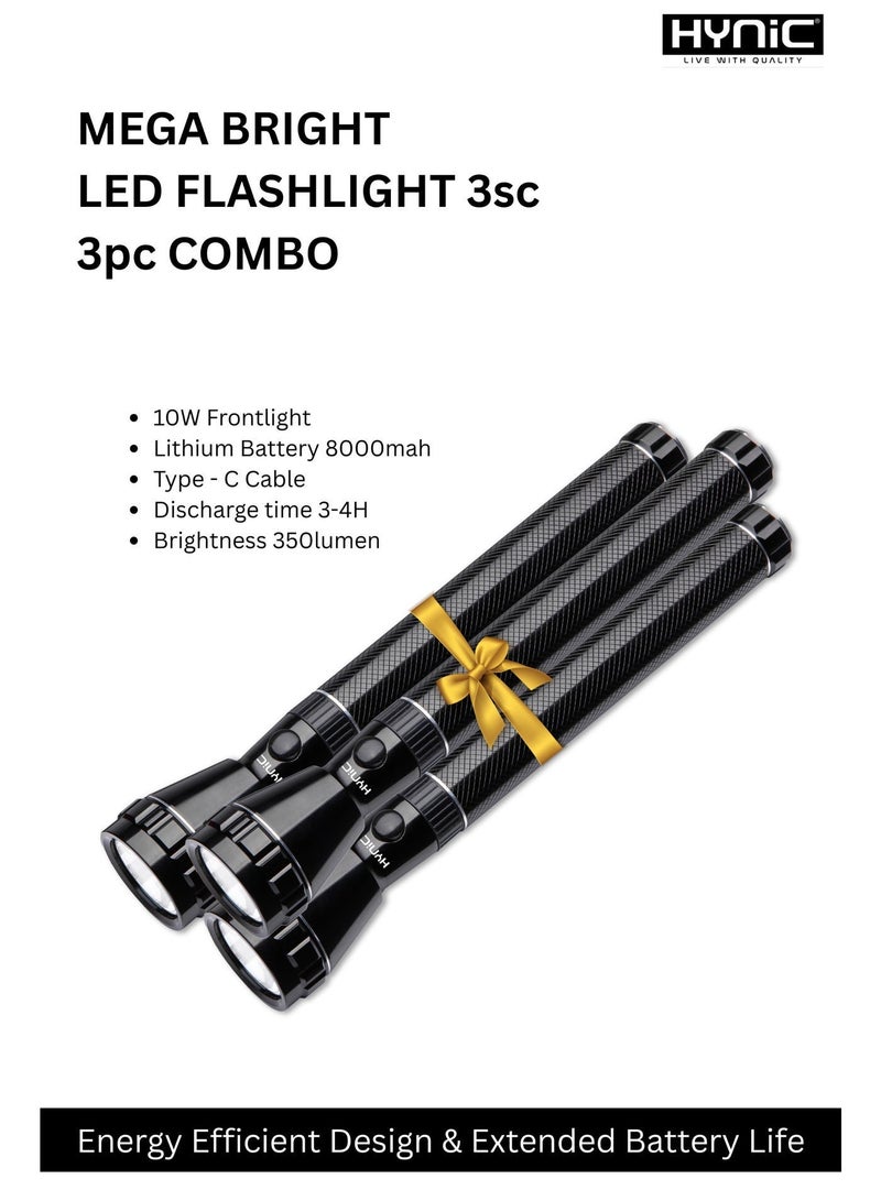 هاينك مصباح LED قابل لإعادة الشحن 3 أجزاء من HL885 – مصباح شعلة فائق السطوع 350 لومن، بطارية ليثيوم 8000 مللي أمبير أمبير، شحن من نوع C، مقاوم للماء، طاقة 10 واط، مصباح طوارئ وخارجي - Image 4