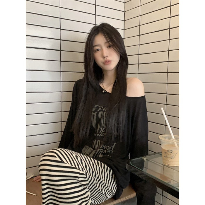 American High Street Off-Shoulder Printed T-Shirt For Women In Summer, Lazy Style, Loose One-Shoulder Blouse, Tulle Sun Protection - Image 1