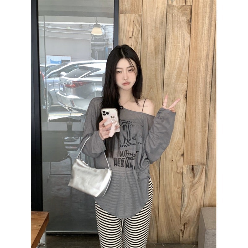 American High Street Off-Shoulder Printed T-Shirt For Women In Summer, Lazy Style, Loose One-Shoulder Blouse, Tulle Sun Protection - Image 5