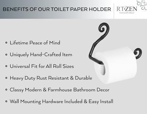 RTZEN Bathroom Toilet Paper Holder - Handcrafted Rustic Wrought Iron Wall Decor Toilet Roll Holder - Black Matte Wall Mount Bar for Modern Farmhouse Bathroom Decor - Image 2