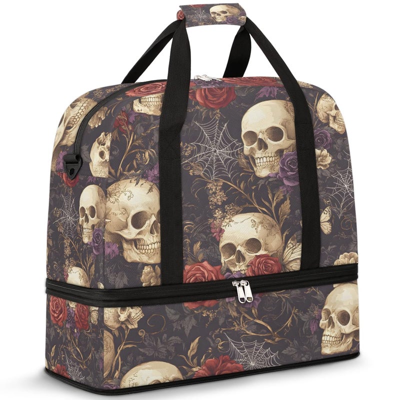 cfpolar Skull Gothic Rose Flower Travel Duffel Bag Tote Carry On Luggage Sports Gym Bag With Shoe Compartment For Woman Man Overnight Weekend Yoga Workout Training Handbag - Image 2