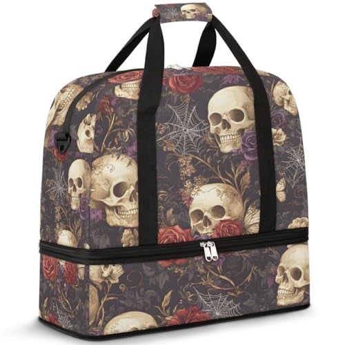 cfpolar Skull Gothic Rose Flower Travel Duffel Bag Tote Carry On Luggage Sports Gym Bag With Shoe Compartment For Woman Man Overnight Weekend Yoga Workout Training Handbag - Image 1
