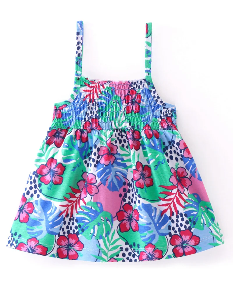 babyhug Babyhug Cotton Knit  Sleeveless Top with Smocking & Floral Print - Multicolor