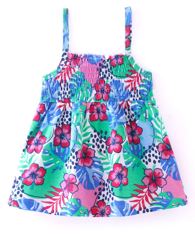 babyhug Babyhug Cotton Knit  Sleeveless Top with Smocking & Floral Print - Multicolor