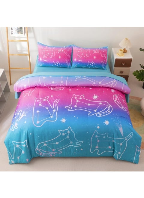 Podol 5 Pieces Gradient Cat Glitter Bedding Set for Girl Pink Blue Ombre Comforter Set Full Size Ultra Soft Bed in A Bag