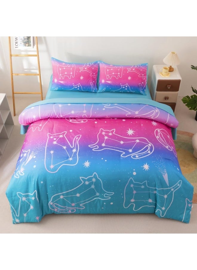 Generic Podol 5 Pieces Gradient Cat Glitter Bedding Set for Girl Pink Blue Ombre Comforter Set Full Size Ultra Soft Bed in A Bag  - Image 1