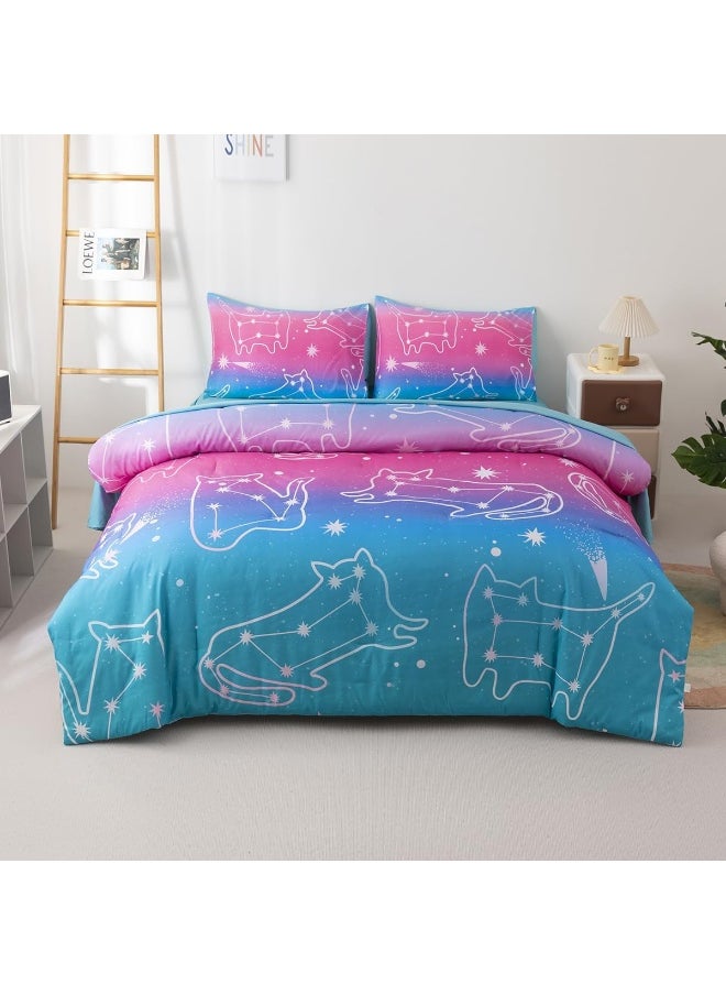 Generic - Podol 5 Pieces Gradient Cat Glitter Bedding Set for Girl Pink Blue Ombre Comforter Set Full Size Ultra Soft Bed in A Bag - Image 1