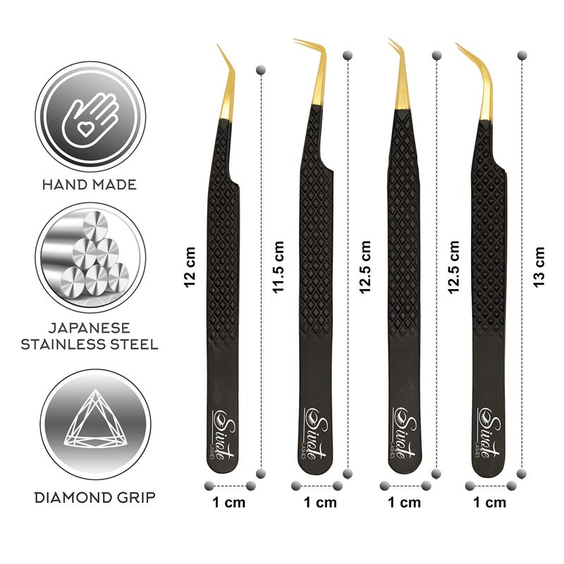 SIVOTE Fiber Tip Lash Tweezers for Eyelash Extensions with Diamond Grip, Black, Set of 4 - Precise Tips Japanese Steel for Classic, Volume & Mega Volume Lashes, Anti-Rust - Ideal for Lash Artists - Image 4