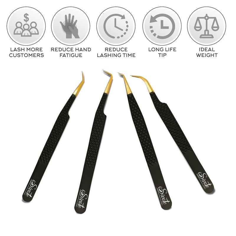 SIVOTE Fiber Tip Lash Tweezers for Eyelash Extensions with Diamond Grip, Black, Set of 4 - Precise Tips Japanese Steel for Classic, Volume & Mega Volume Lashes, Anti-Rust - Ideal for Lash Artists - Image 2