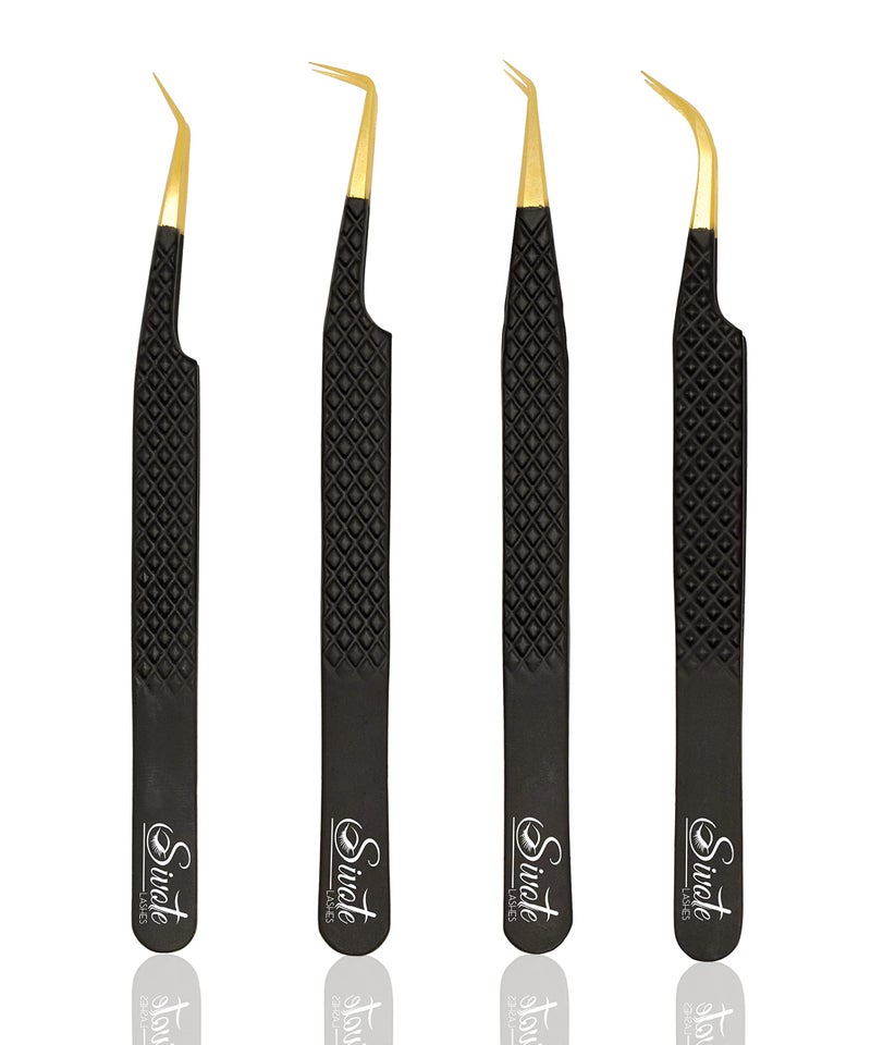 SIVOTE Fiber Tip Lash Tweezers for Eyelash Extensions with Diamond Grip, Black, Set of 4 - Precise Tips Japanese Steel for Classic, Volume & Mega Volume Lashes, Anti-Rust - Ideal for Lash Artists - Image 1