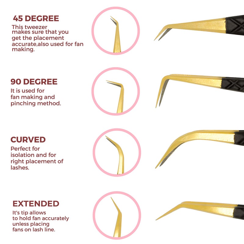 SIVOTE Fiber Tip Lash Tweezers for Eyelash Extensions with Diamond Grip, Black, Set of 4 - Precise Tips Japanese Steel for Classic, Volume & Mega Volume Lashes, Anti-Rust - Ideal for Lash Artists - Image 5