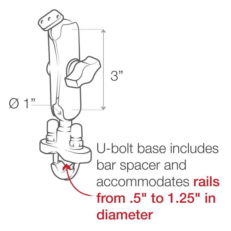 RAM Mounts Handlebar U-Bolt Double Ball Mount RAM-B-149ZU with Medium Arm for Rails .5" to 1.25" in Diameter - Image 3