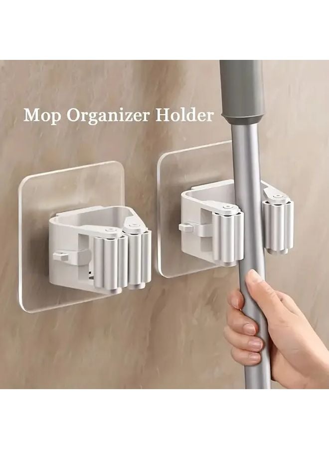 White No Drill Mop Broom Holder Heavy Duty Adhesive Wall Organizer Space Saving Storage - Image 2
