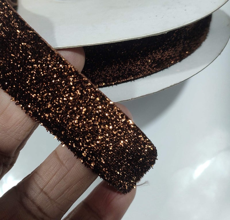 OMX Roll of Dark Brownish Sparkle Glitter Ribbon Patti Lace (18 Meters) (Border) with 2.5cm (1 Inch) Width, Saree Border, Party Decoration, Craftwork - Image 2