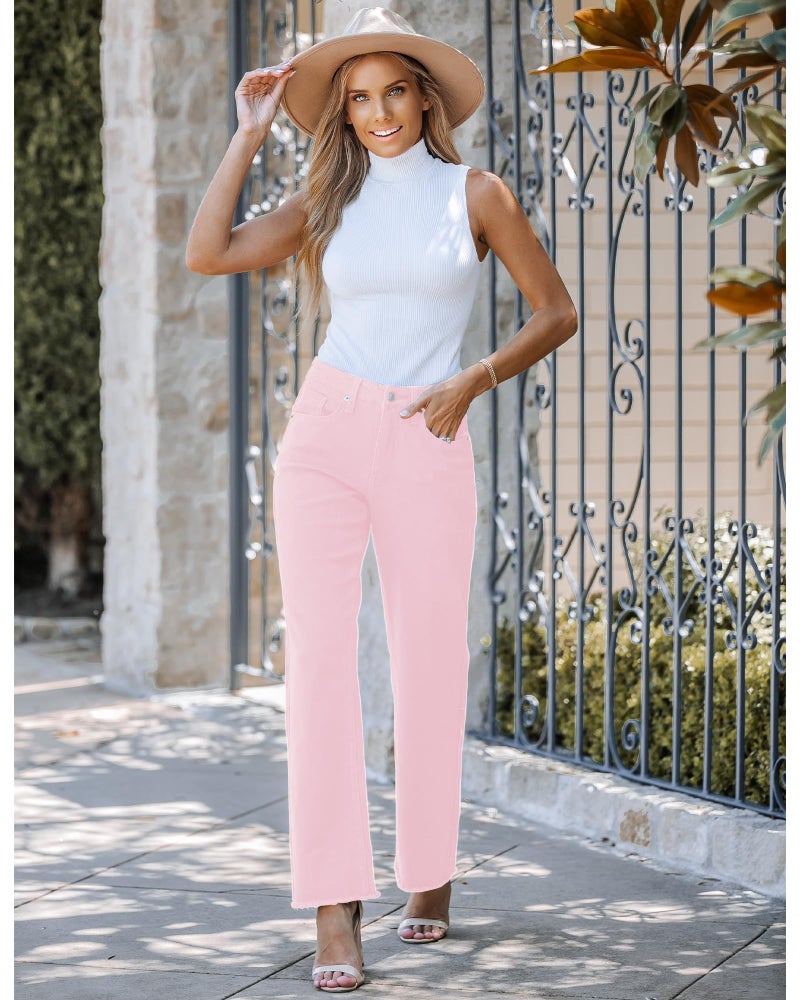 GRAPENT Womans Clothing Women Pants Dressy Casual Straight Leg Jeans for Women High Waist Candy Pink Medium Fits US Size 8 to 10 - Image 4
