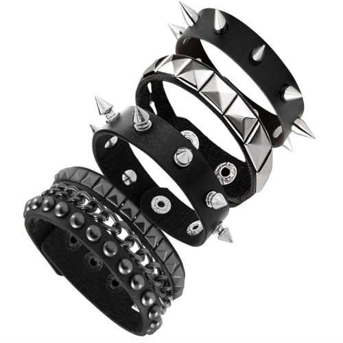 FFZDENA 4-Piece Gothic Jewellery, Punk Bracelet for Men, Studded Chain Bracelet Set, Stylish Gothic Accessories for Concerts, Parties, and Everyday Fashion, Black - Image 1