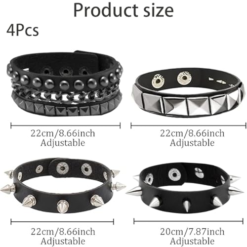 FFZDENA 4-Piece Gothic Jewellery, Punk Bracelet for Men, Studded Chain Bracelet Set, Stylish Gothic Accessories for Concerts, Parties, and Everyday Fashion, Black - Image 2