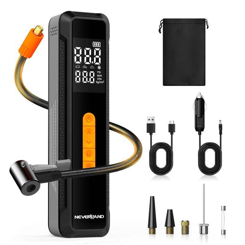NEVERLAND ضاغط هواء محمول من NEVERLAND مع بطارية 20000 مللي أمبير 150 PSI لضخ هواء إطارات السيارات 12 فولت DC لضخ إطارات الدراجات الكهربائية مع مقياس ضغط وضوء LED للسيارة والدراجة النارية والكرة