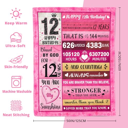 PVDSAVE 12 Year Old Girl Birthday Gifts - Gifts for 12 Year Old Girl - 12th Birthday Decorations for Girls - Twelve YR Bday Gift for Girls Daughter Granddaughter Niece Sister Ideas Blanket 50"x60" - Image 4